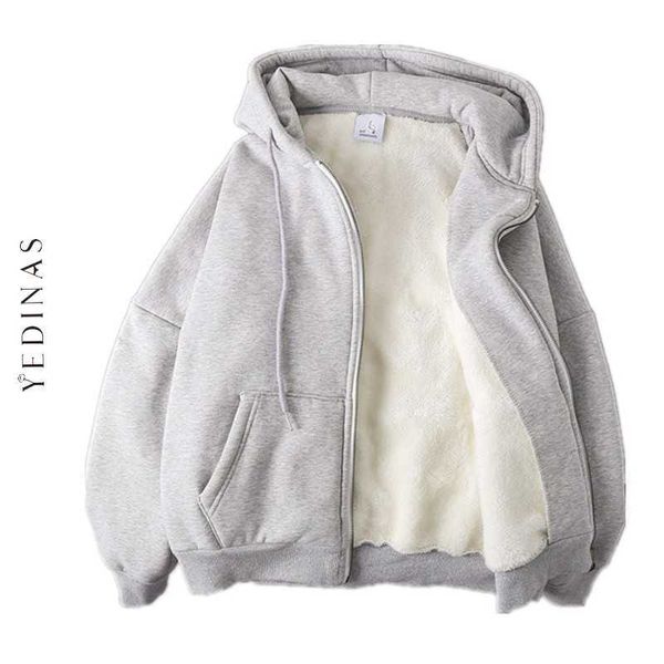

yedinas winter thick warm oversized coat female loose plush coats women fleece hoodie japanese fashion ladies hooded jacket 210527, Black