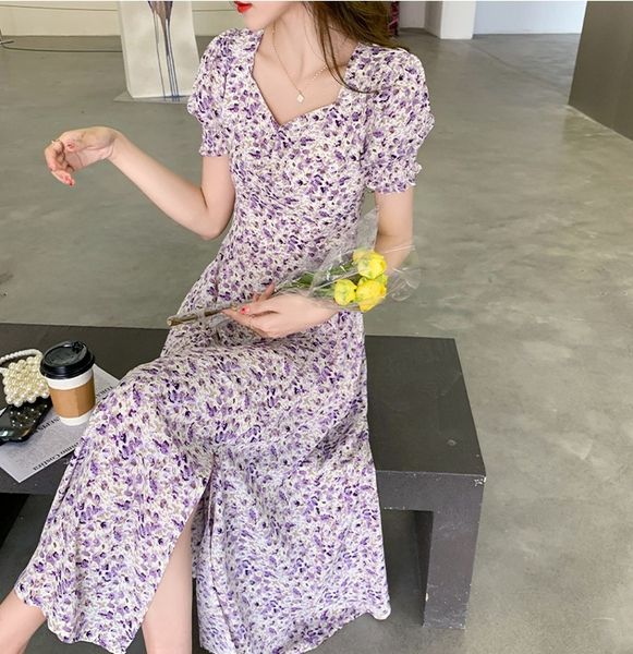 

llzacoosh arrive summer vacation women square collar puff sleeve purple floral print slim elegant split chiffon dresses 210514, Black;gray