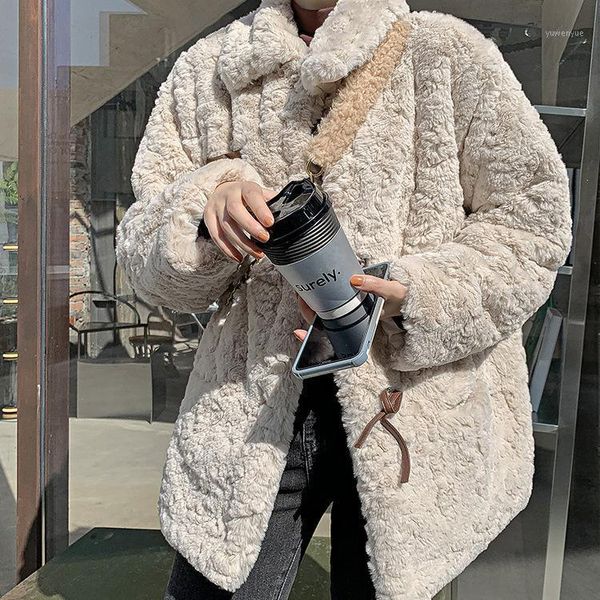 

women's fur & faux winter thick imitation plush loose korean version of bowknot short lambs hairy coat female jacket, Black