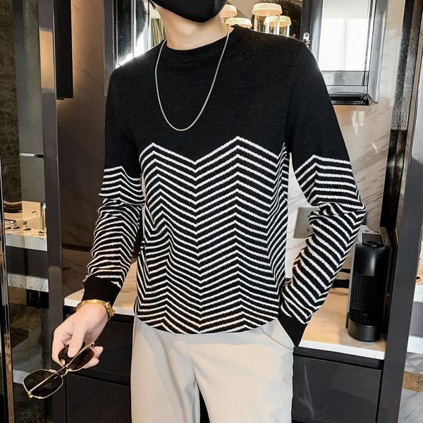 

men's sweaters 2021 autumn casual sweater long sleeve slim striped knitted pullovers round neck streetwear knitwear male clothing, White;black