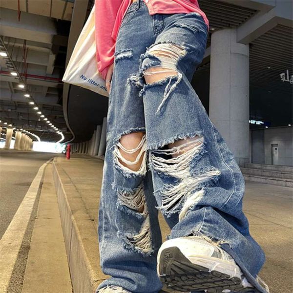 

spring and autumn women's ripped jeans high waist loose straight pants wide leg y2k street 210927, Blue
