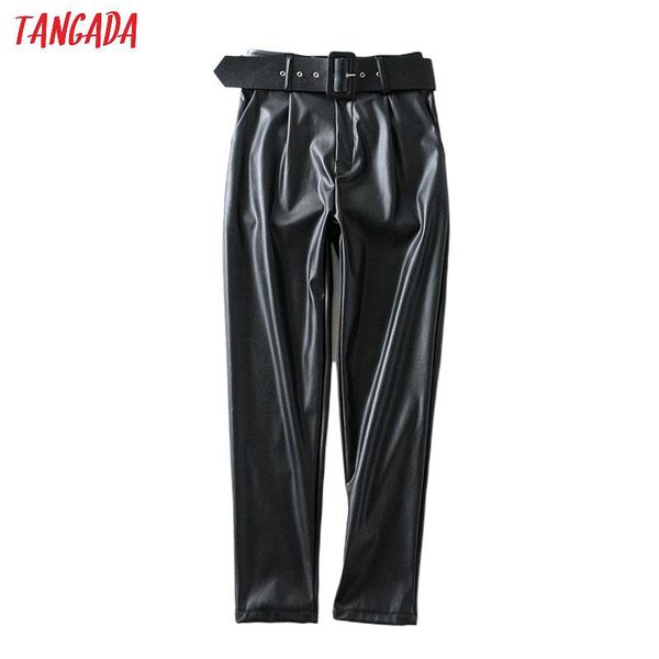 

tangada women black faux leather suit pants high waist sashes pockets 2021 office ladies pu trousers 6a05 women's & capris, Black;white