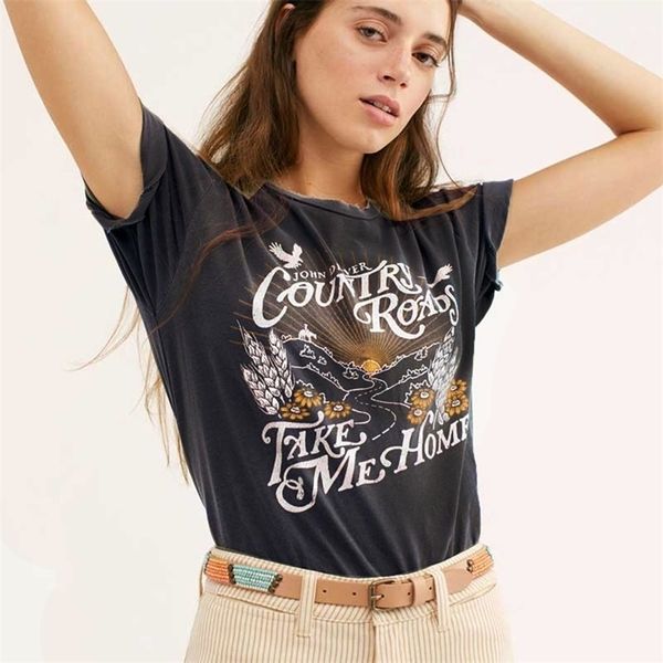 BOHO INSPIRED Graphic Tee maglietta nera per donna casual estate top boho t shirt nuova maglietta stampa femminile top donna magliette 210324