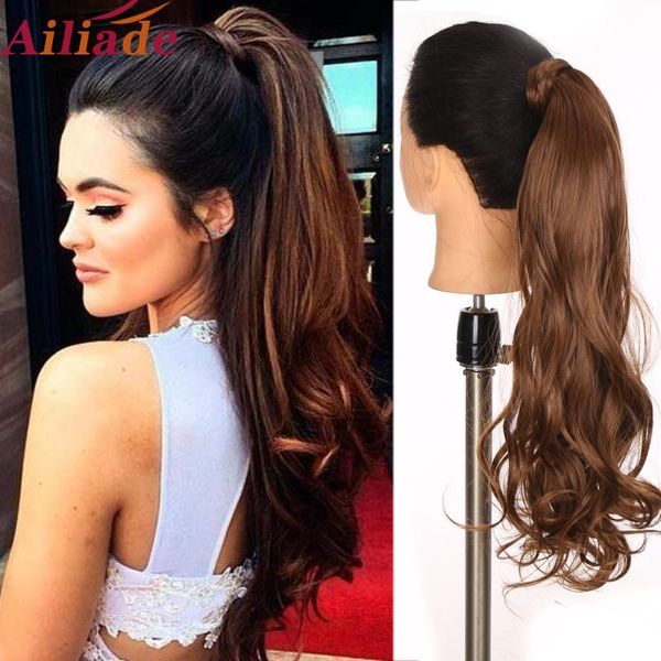 

synthetic wigs ailiade 24inch long curly hair clip in tail false ponytail hairpiece hairpins wrap on, Black