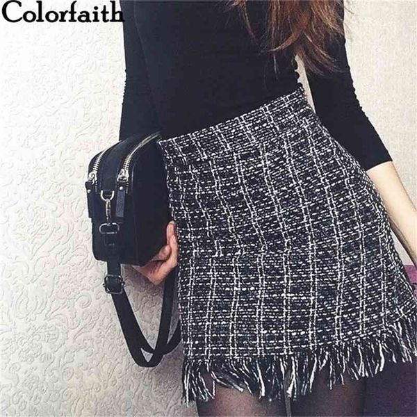 

colorfaith spring summer women woolen mini skirt in a cage vintage plaid tassel skater high waist checkered skirt sk5583 210319, Black