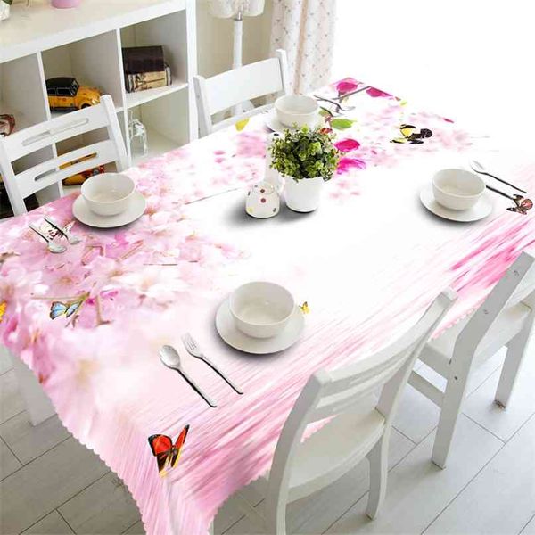 Anpassbare 3D-Tischdecke, rosa Pfirsichblüte, Schmetterlingsmuster, verdicktes Polyester, rechteckige und runde Tischdecke, Heimtextilien 210626