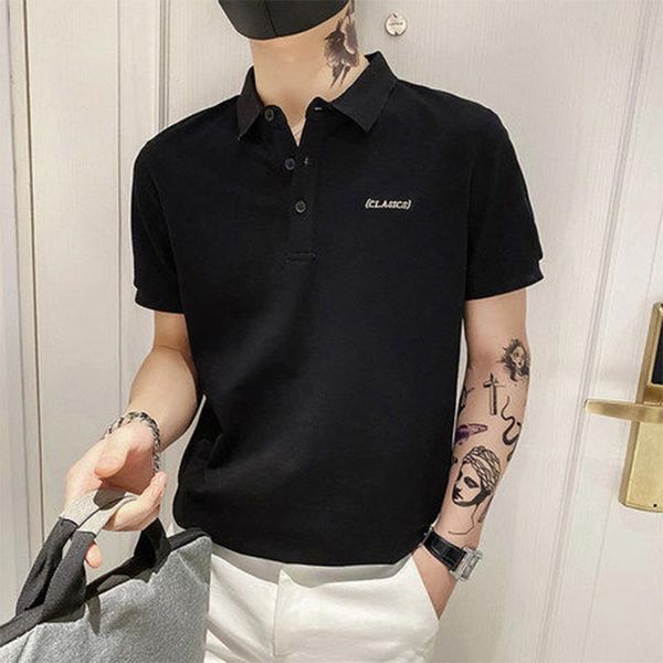 

men's polos 2021 solid color mens shirts 100% cotton short sleeve casual hommes fashion summer lapel male, White;black