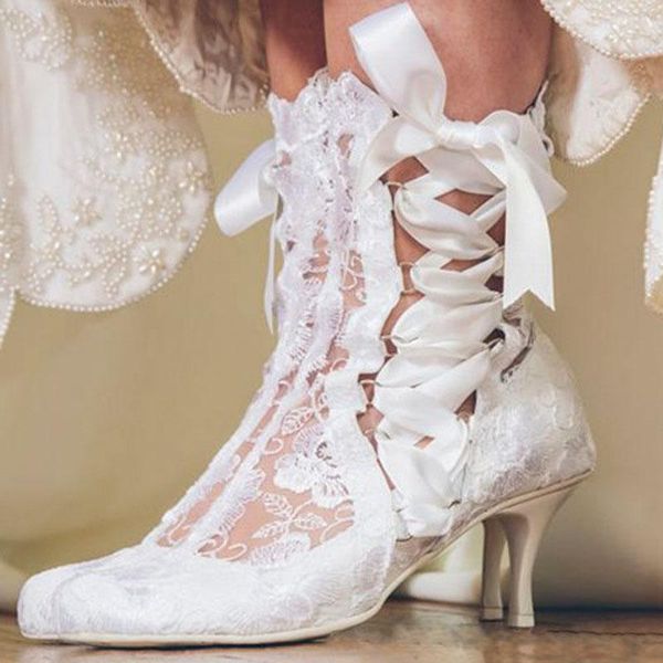 

boots romantic floral lace ribbons bandage ankle women kitten heel wedding beauty flower mesh prom ball short booties, Black