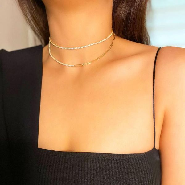 

design european women jewelry adjusted size two tone plating half 2mm cz tennis chain paper clip necklace chains, Silver
