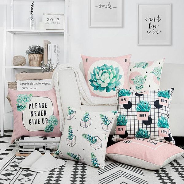 

cushion cover pillow case pink succulent plants cactus for sofa seat cotton linen home decorative 45*45cm cushion/decorative