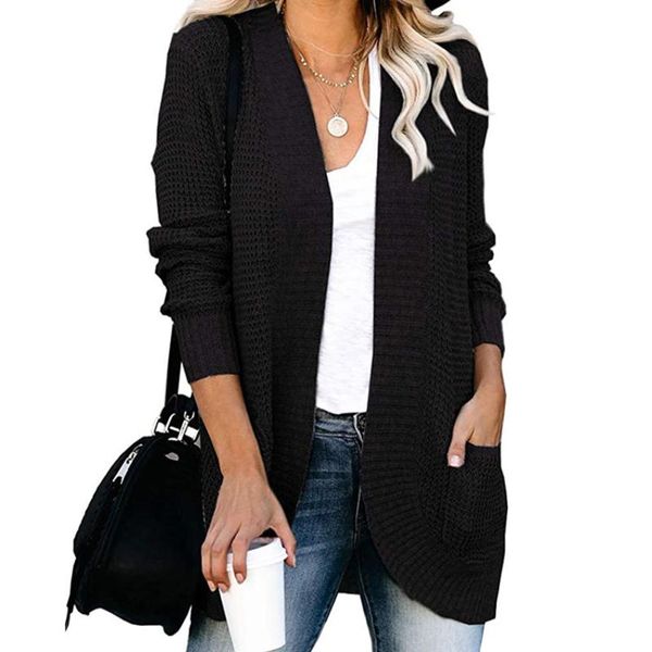 

women's knits & tees invierno mujer 2021 spring and autumn jacket curved placket large pockets long-sleeved loose knit cardigan sweater, White