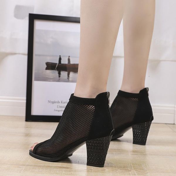 

dress shoes vintage hollow out sandals mid heel summer zipper buckle ladies artificial open toe casual wedding pumps women sandalia, Black
