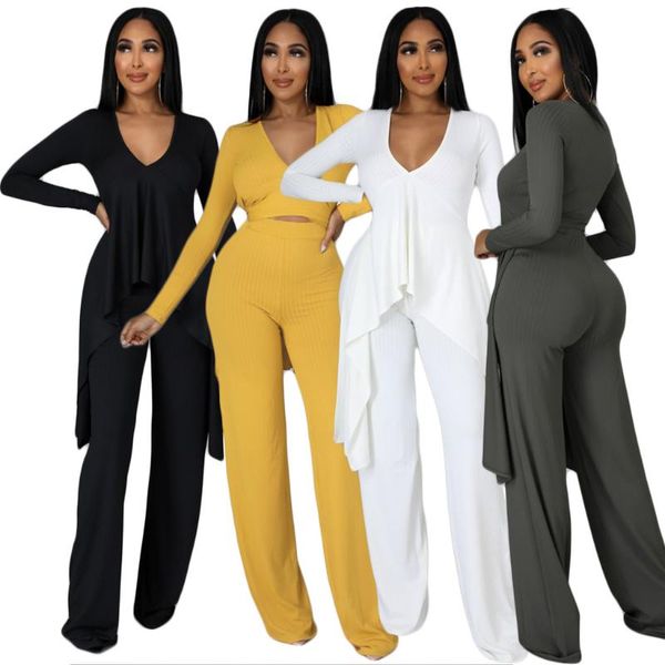 

women's two piece pants ins test girls sets est v-neck full sleeves irregular fashion causal wide leg fall outfits 4 colors 2021, White