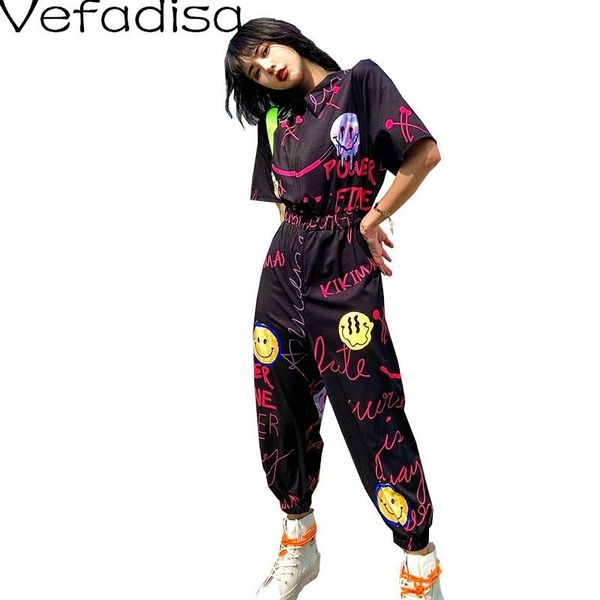 

women's jumpsuits & rompers vefadisa est 2021 summer girl short sleeve trousers pants stylish elastic waist letter printing casual lhx0, Black;white
