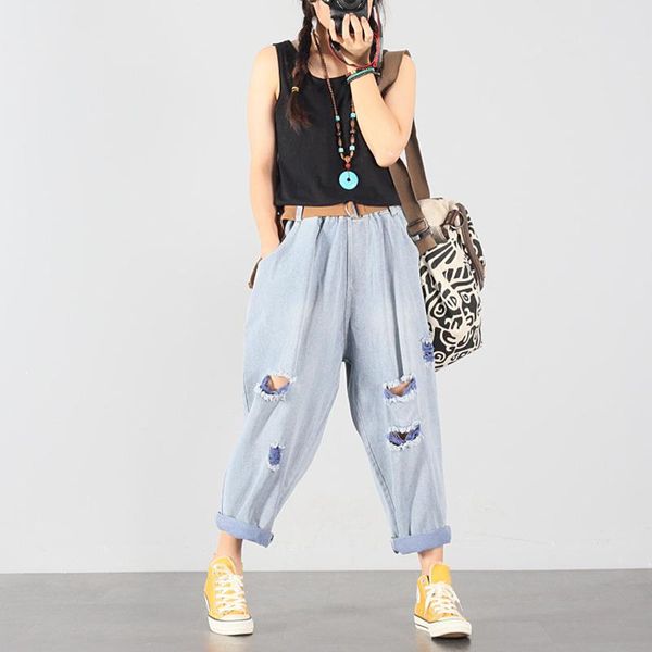 

women's jeans ripped women casual baggy high waist harem pants distressed female vintage denim trousers torn broken outfit large size, Blue