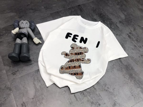 

2021 spring and summer new fashion brand drill paste cloth bear short sleeve round neck loose casual t-shirt, White