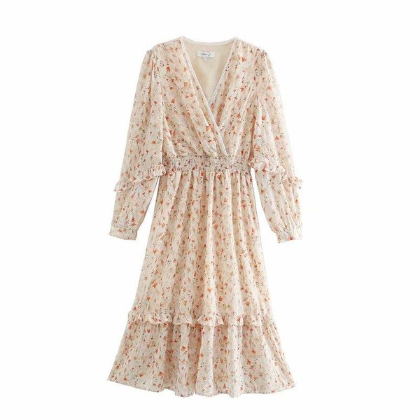 

casual dresses 2021 women dress floral embroidery ruffles v-neck long sleeves mid-calf fashion vestidos femme robe, Black;gray