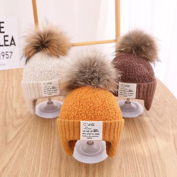 

berets girls boys winter hats for children baby bomber hat solid big pompom caps earmuff double layered plush lining 6-24m, Blue;gray