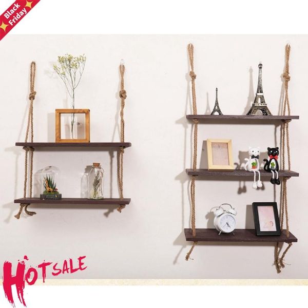 

wooden hanging shelf swing rope floating shelves 3 tier jute wall display rack(dark brown) 47% other home decor