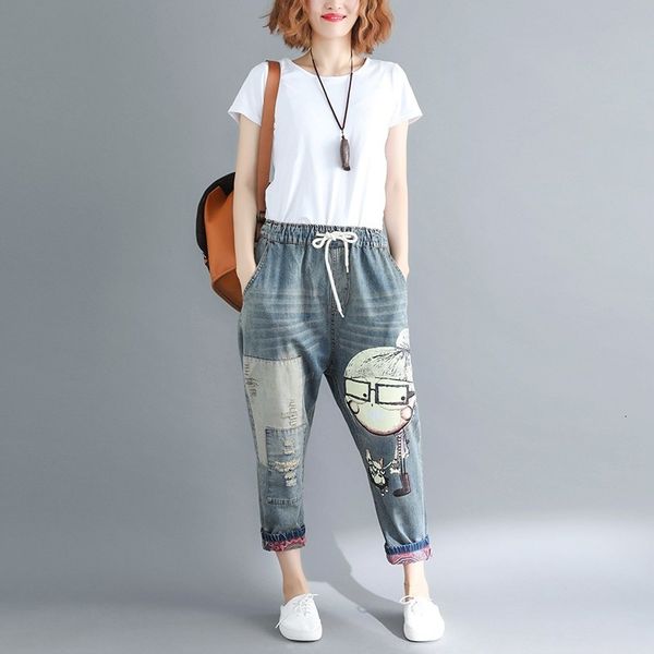 

women's jeans manna woman denies standard pants print elastic waistband loose pocket wash hare female pant size big brim fall vt9x, Blue