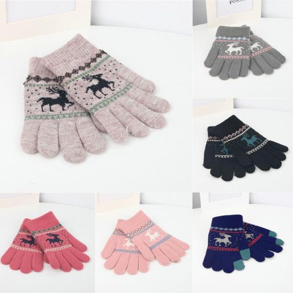 

five fingers gloves children cashmere christmas deer acquard weave warm arm hand warmer knitted long fingerless, Blue;gray
