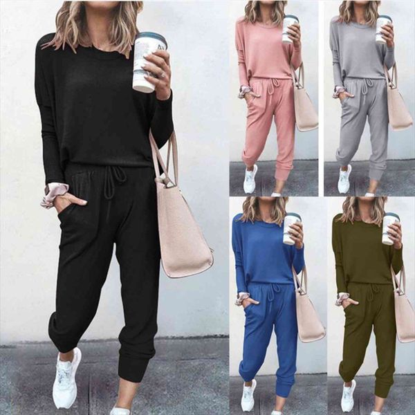 

autumn winter pajamas set loose womens pants solid long sleeve pockets 2 piece sets casual sports women suits, White