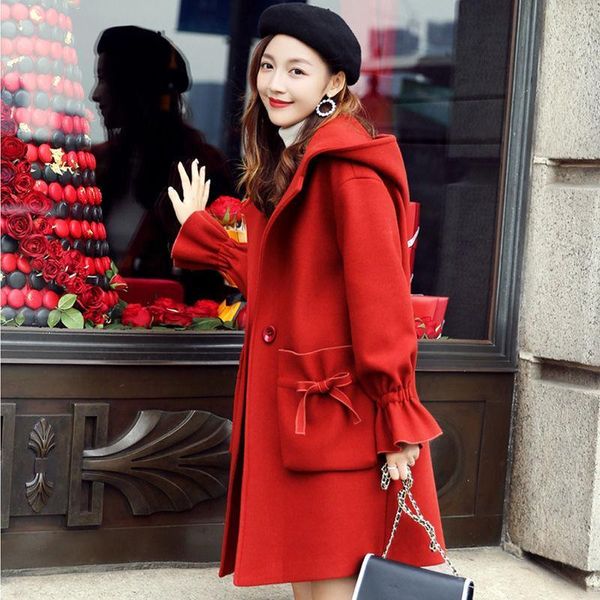 

women's wool & blends red coat women 2021 temperament autumn and winter korean loose medium long woolen, Black