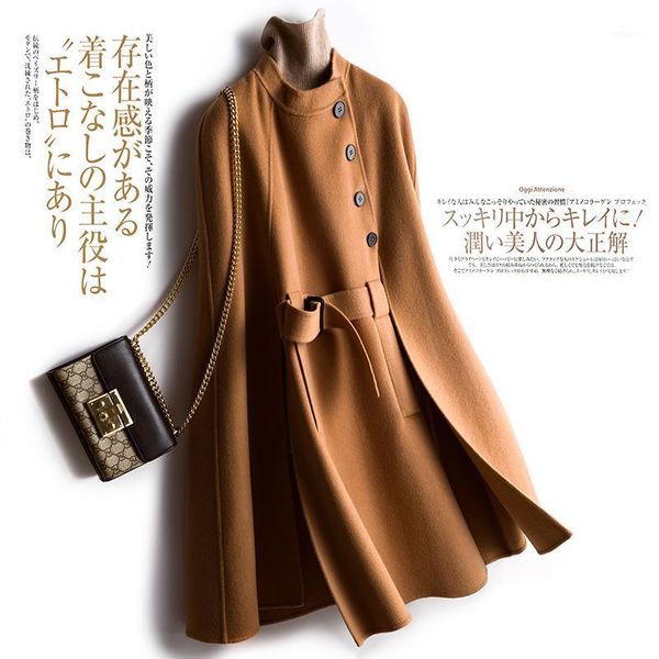 

autumn/winter 2021 cape fur coat women's medium-length slim figure thin shawl double-sided cashmere wool & blends, Black