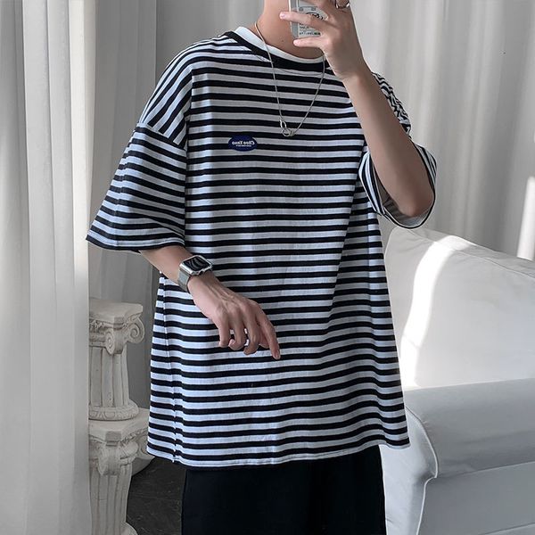 

couple casual short sleeve tshirts man stripe loose 2021 fashion male clothing, White;black
