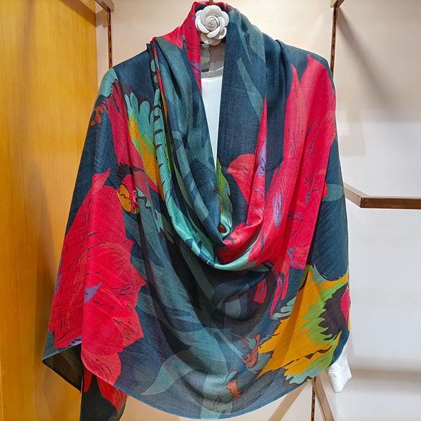 

scarves high-end elegant women exquisite parrot print quality warm soft fine beard edge 300 thread count cashmere long scarf shawl wraps, Blue;gray