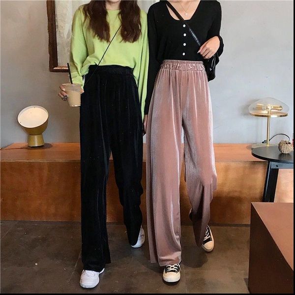 

autumn and winter trousers womens pants large size 200 kg loose high waist casual wide leg student velvet, Black;white