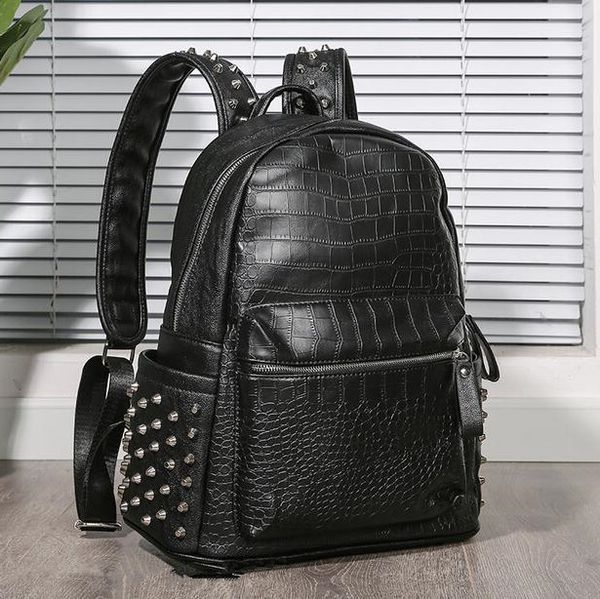 

factory direct men handbag personality rivet punk backpack crocodile pattern fashion student bag street fashions crocodiles patterns rivets