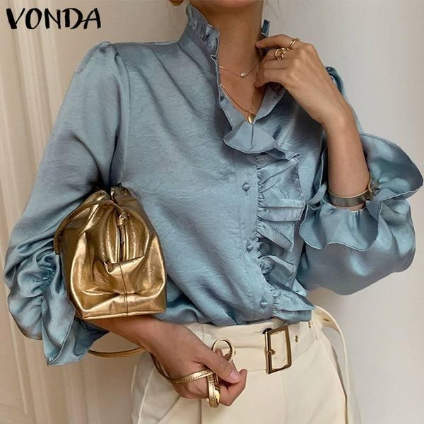 

women's blouses & shirts women casual puff sleeve solid color pleated vonda fashion stand collar long shirt loose button up party, White