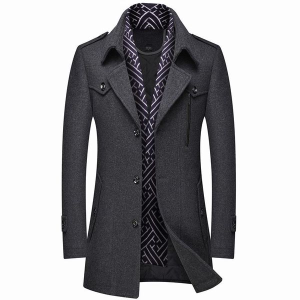 

men's wool & blends 2021 autumn and winter thick woolen windbreaker scarf collar mid-length coat jacket clothing, Black