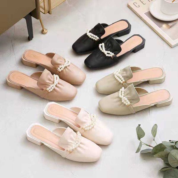 

2022 new pearl baotou semi mop outdoor fashion summer slippers, one foot pedal, wear korean lazy slippers, Black