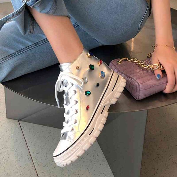 

spring/autumn women shoes genuine leather crystal round toe platform ankle boots lace-up comfortable flat boots sneakers 210507, Black