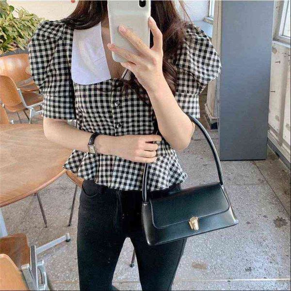 

womens shirts classic color hit plaid cute high waist women elegance sweet chic cardigans puff sleeves short, White