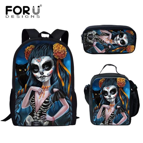 

school bags forudesigns gothic skull girls pattern backpack for teenagers casual student schoolbags set lunch pencil 3pcs mochila