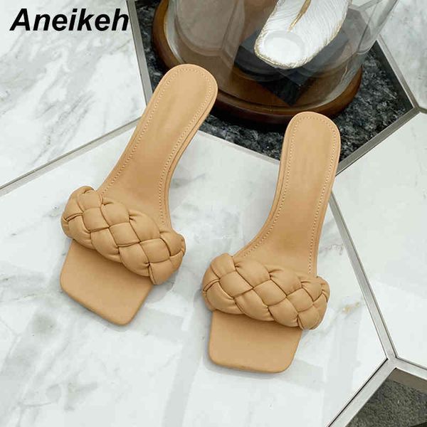 

summer woman shoe slippers slides pu woven fabric concise shallow thin heels slip-on outside square toe size 35- 39 210507, Black