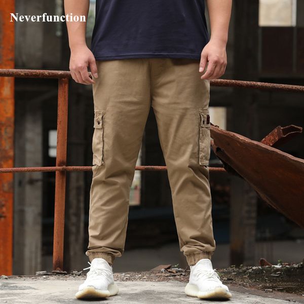 

pant men harajuku multi-pocket slim elastic waist casual streetwear solid color straight jogger trousers plus size 7xl, Black