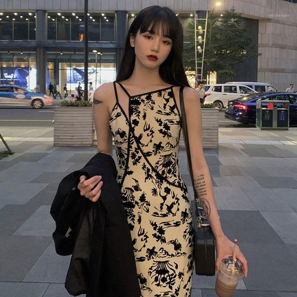 

chinese style sleeveless split dress french niche strap temperament retro improved cheongsam women casual dresses, Black;gray