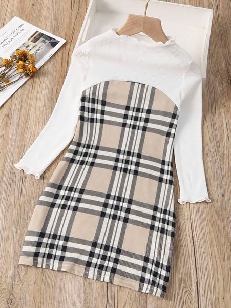 

little girl's plaid high neck dress she, Red;yellow