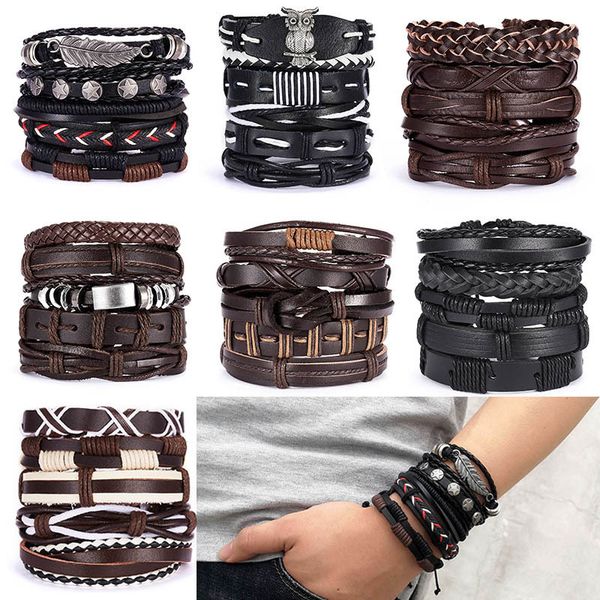 

sell popular design 20cm long black brown leather link bracelet 5pcs/set