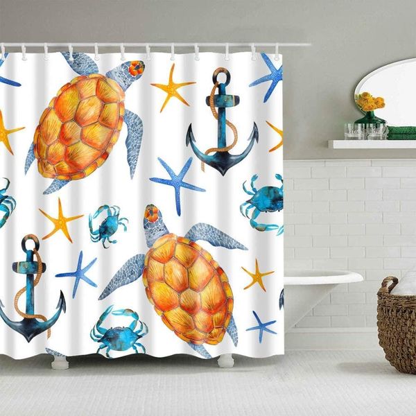 

shower curtain waterproof tortoise starfish crab ocean theme modern cloth fabric washable set with hooks heavy-duty decor