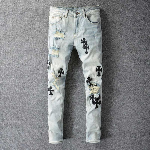 

represent mens jeans clothing denim pants slp blue/black destroyed mens slim straight biker skinny jeans men ripped jean medal decoration