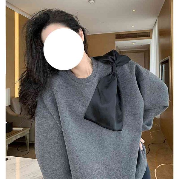 

net red new korean design in spring and autumn 2021 air cotton versatile loose thin bow sweater women, Black