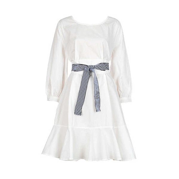 Forse U White Solid O Neck Three Quarter Sash Bow Ruffle Mini Breve Dress Elegante Sweet D0765 210529