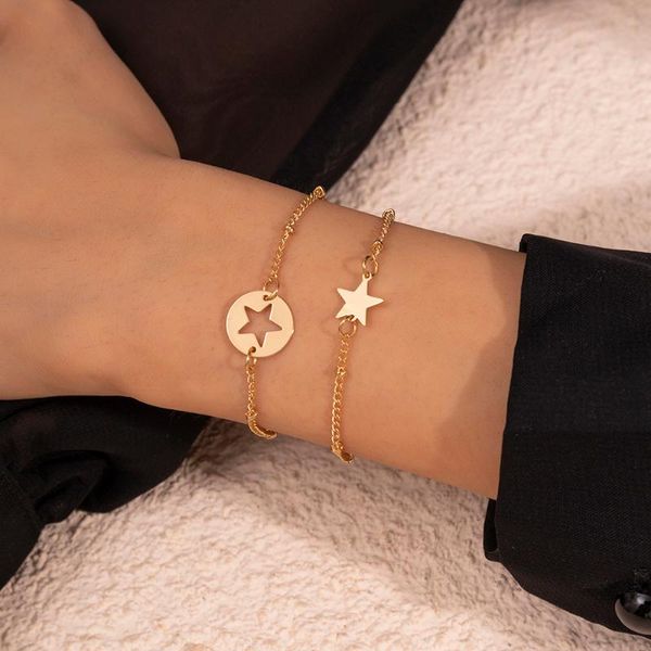 

link, chain lacteo 2pcs/set steampunk hollow round carved star heart bangle bracelet for women hip hop metal match charm, Black