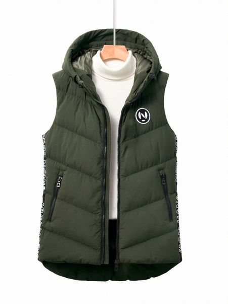 

men letter tape panel hooded puffer vest coat without sweater d71g#, Black;brown