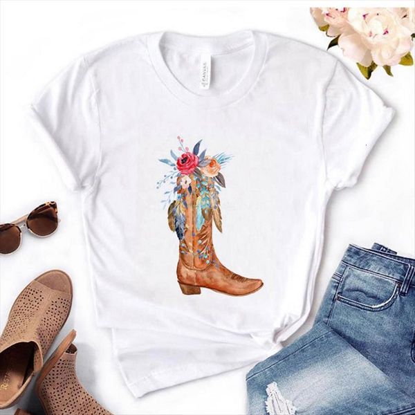 

summer cowboy boots flower women print short sleeve casual funny tee, White